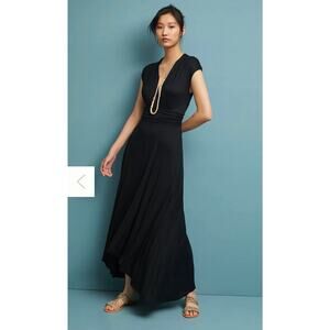 Maeve Anthropologie Black Maxi Dress Ruched Waist Stretch M Jersey Bristol